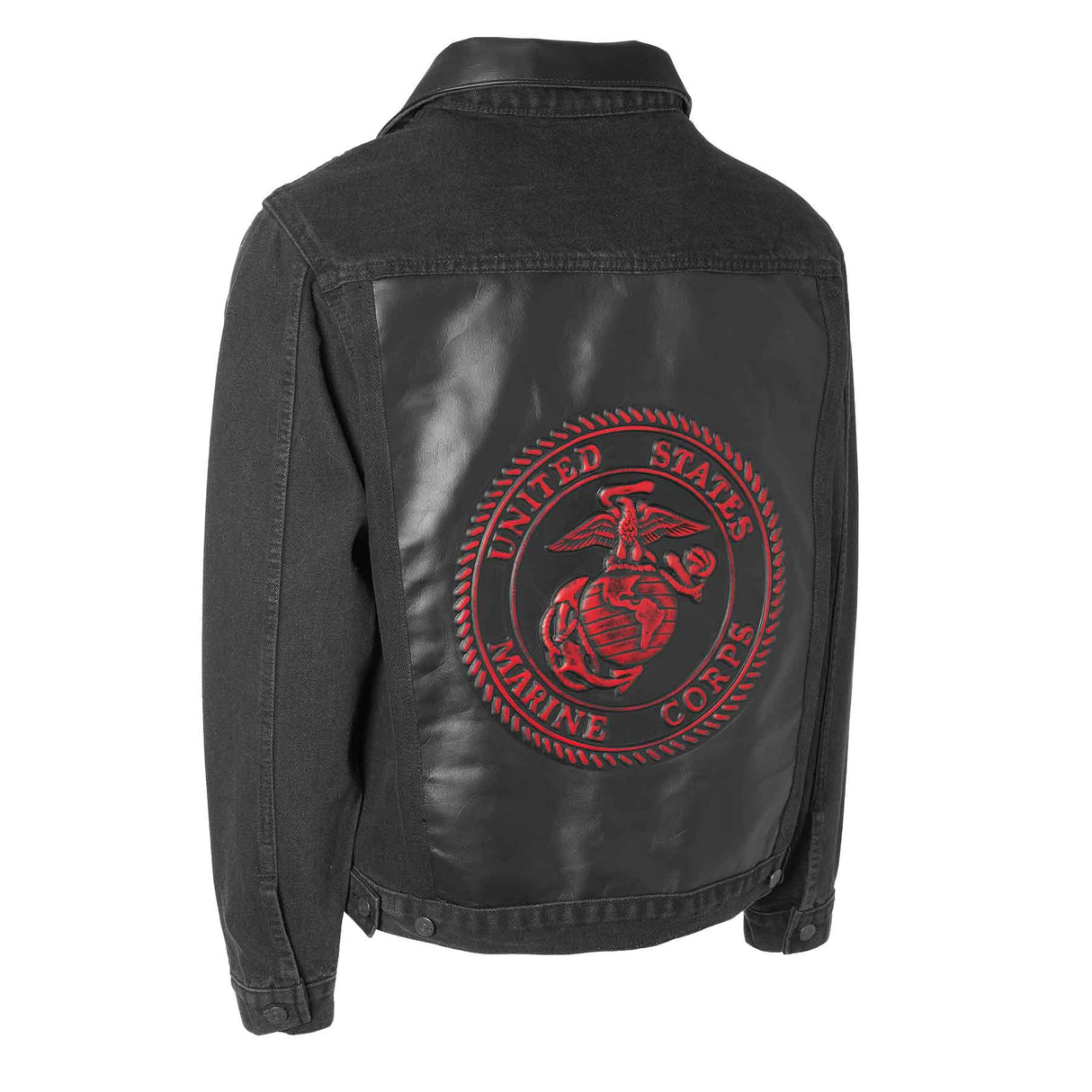 Embossed Black Denim Leather Jacket - SGT GRIT