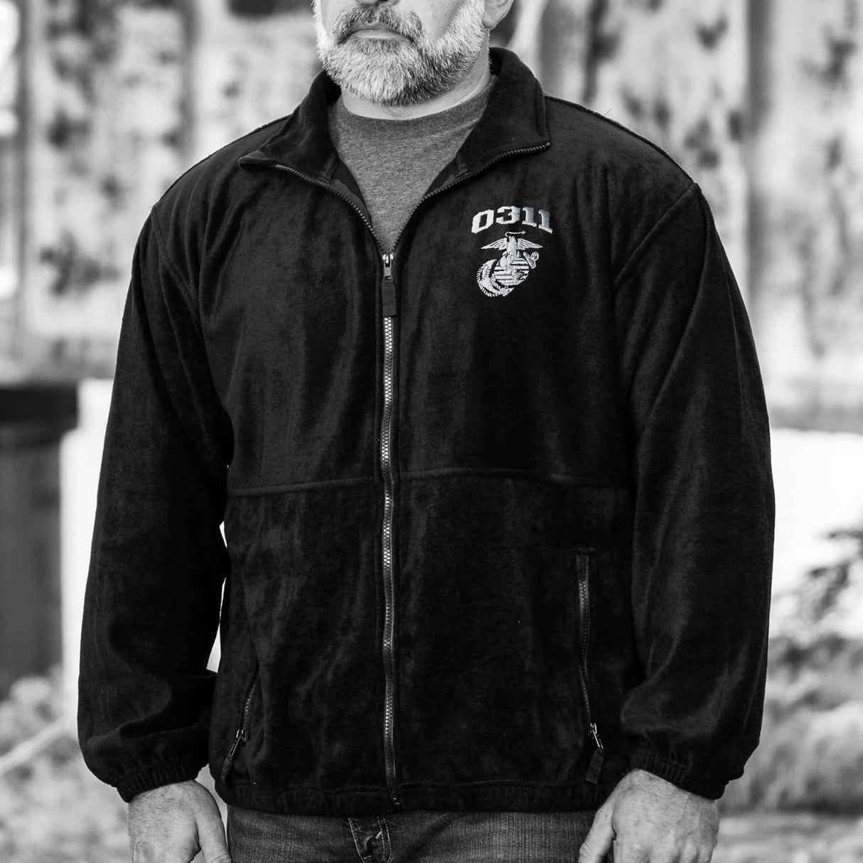 Marine Corps MOS Embroidered Fleece Full Zip - Black with Gray - SGT GRIT