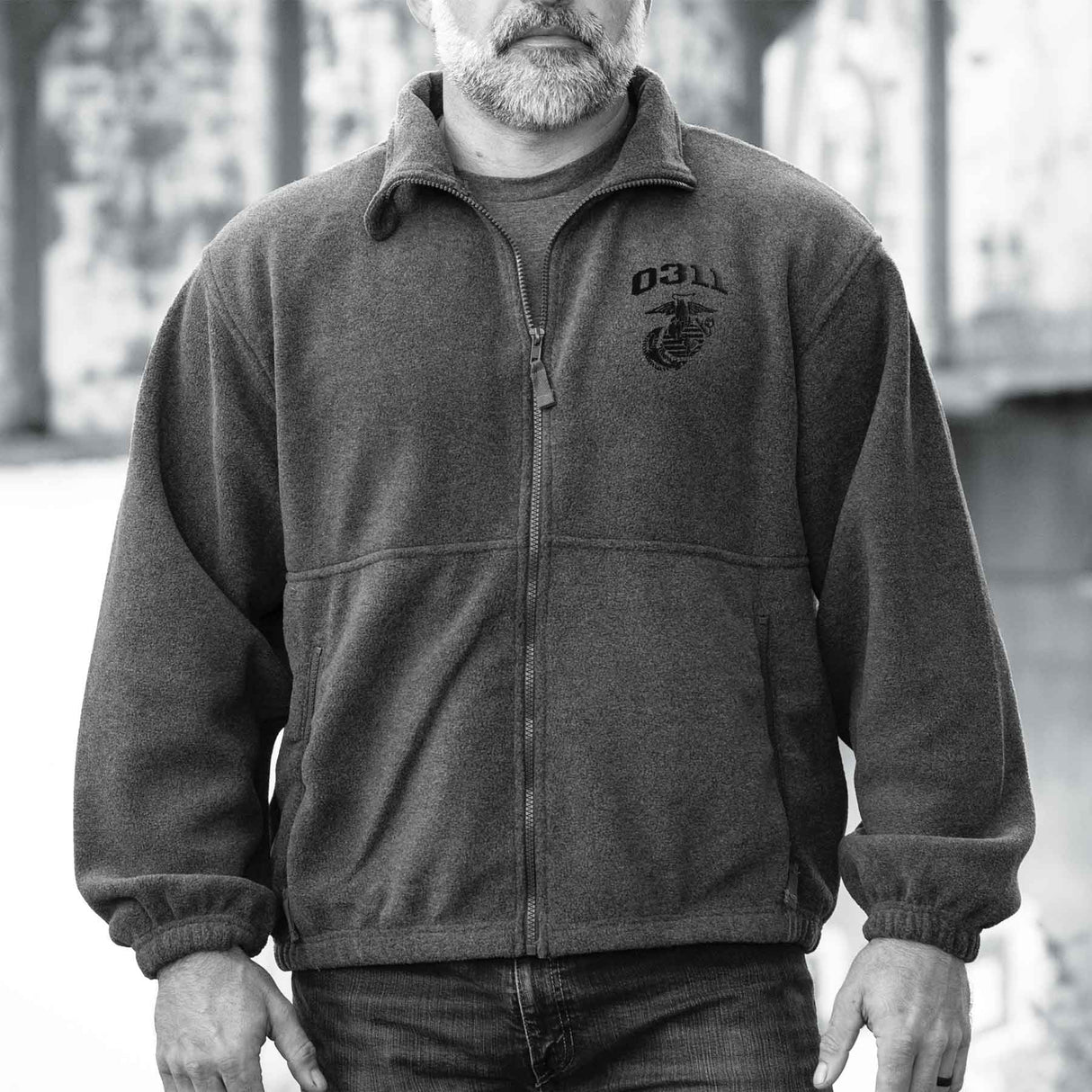 Marine Corps MOS Embroidered Fleece Full Zip - Gray with Black - SGT GRIT