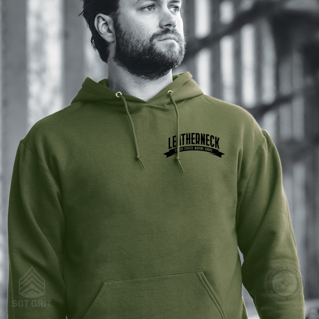 USMC Leatherneck Left Chest Hoodie- OD Green - SGT GRIT