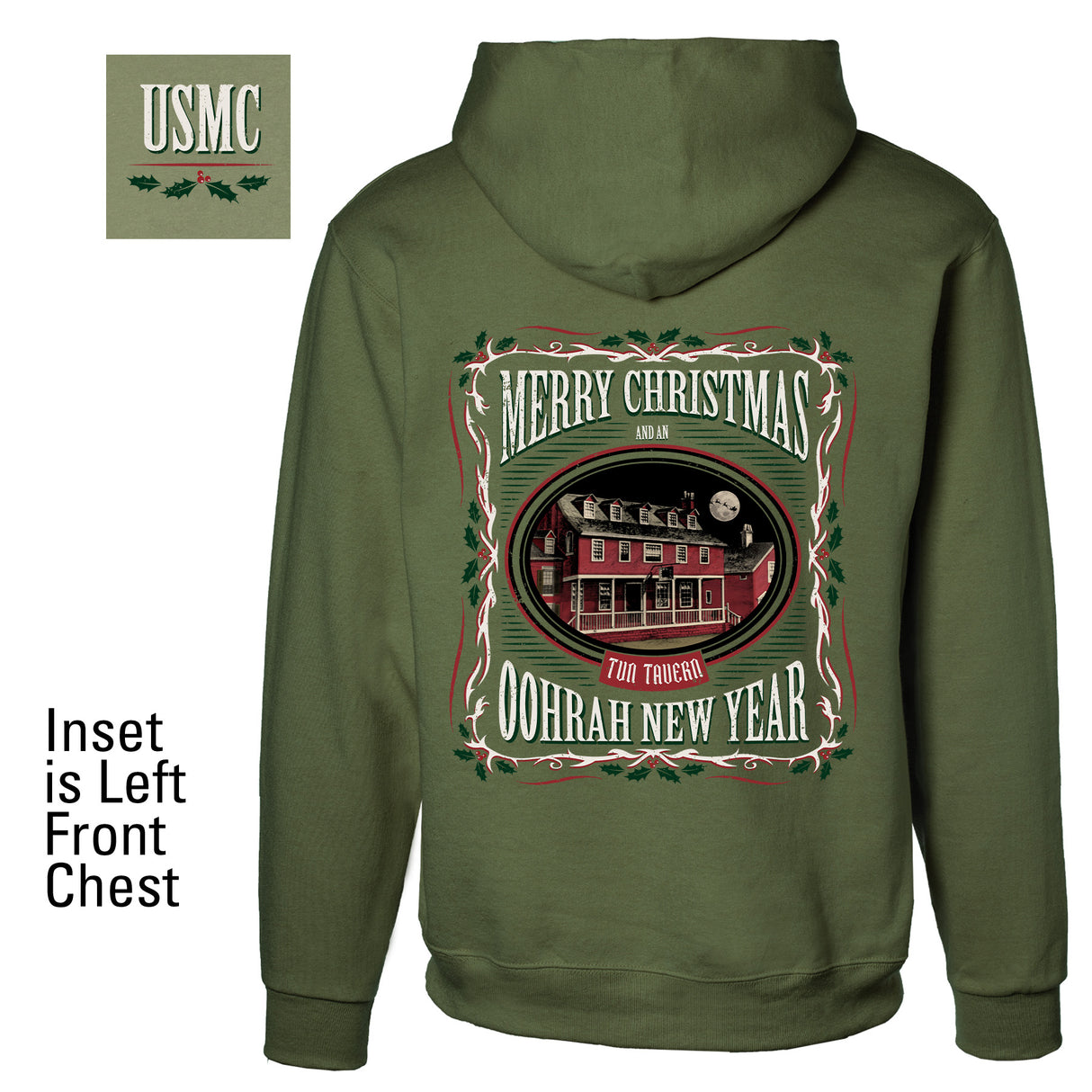 USMC Tun Tavern Christmas Hoodie Back Design- OD Green - SGT GRIT