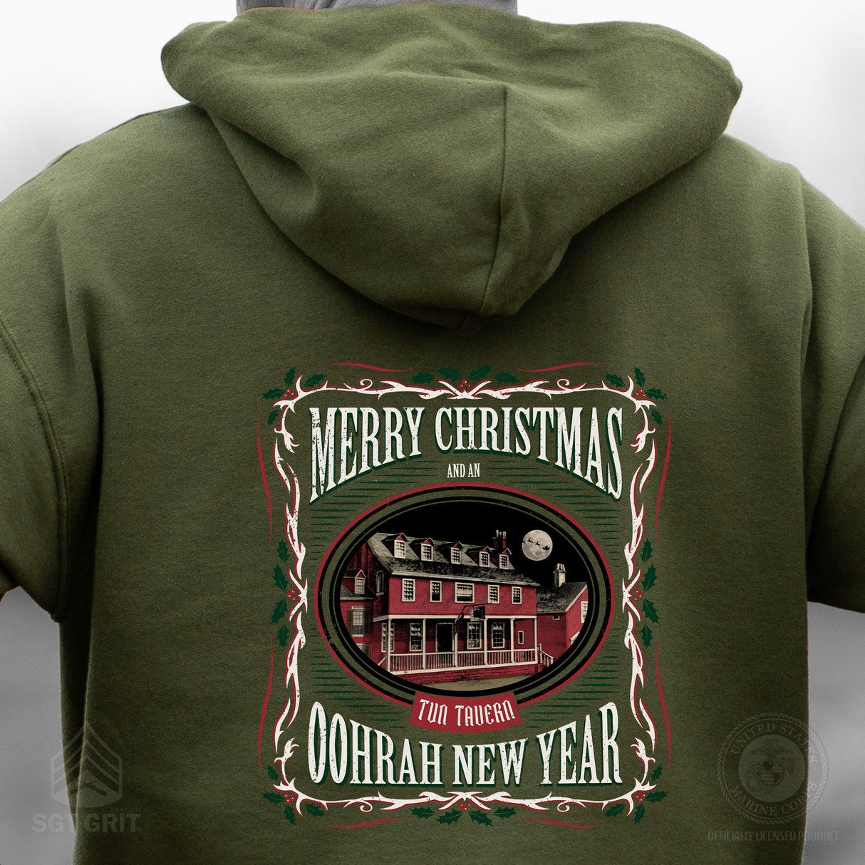 USMC Tun Tavern Christmas Hoodie Back Design- OD Green - SGT GRIT