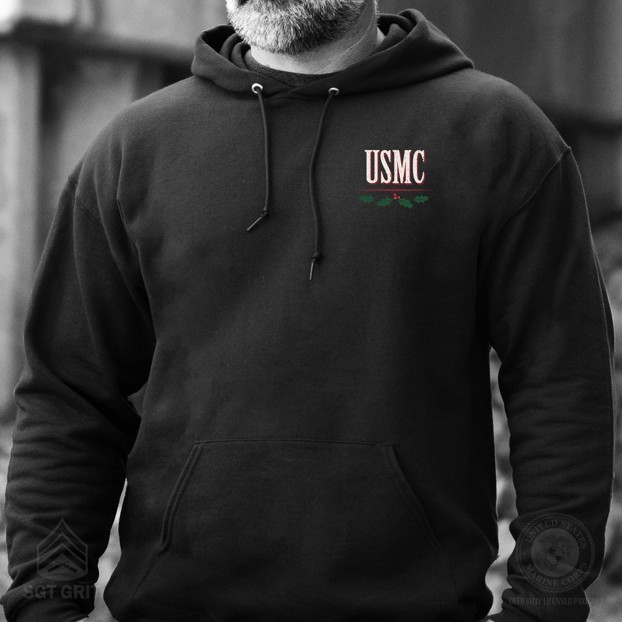 USMC Tun Tavern Christmas Hoodie Back Design- Black - SGT GRIT