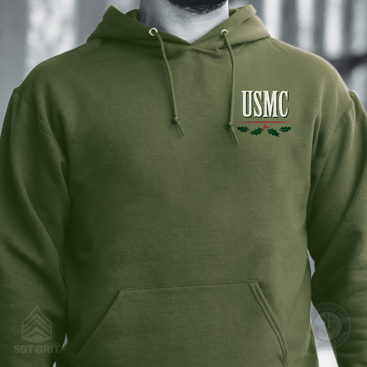USMC Tun Tavern Christmas Hoodie Back Design- OD Green - SGT GRIT