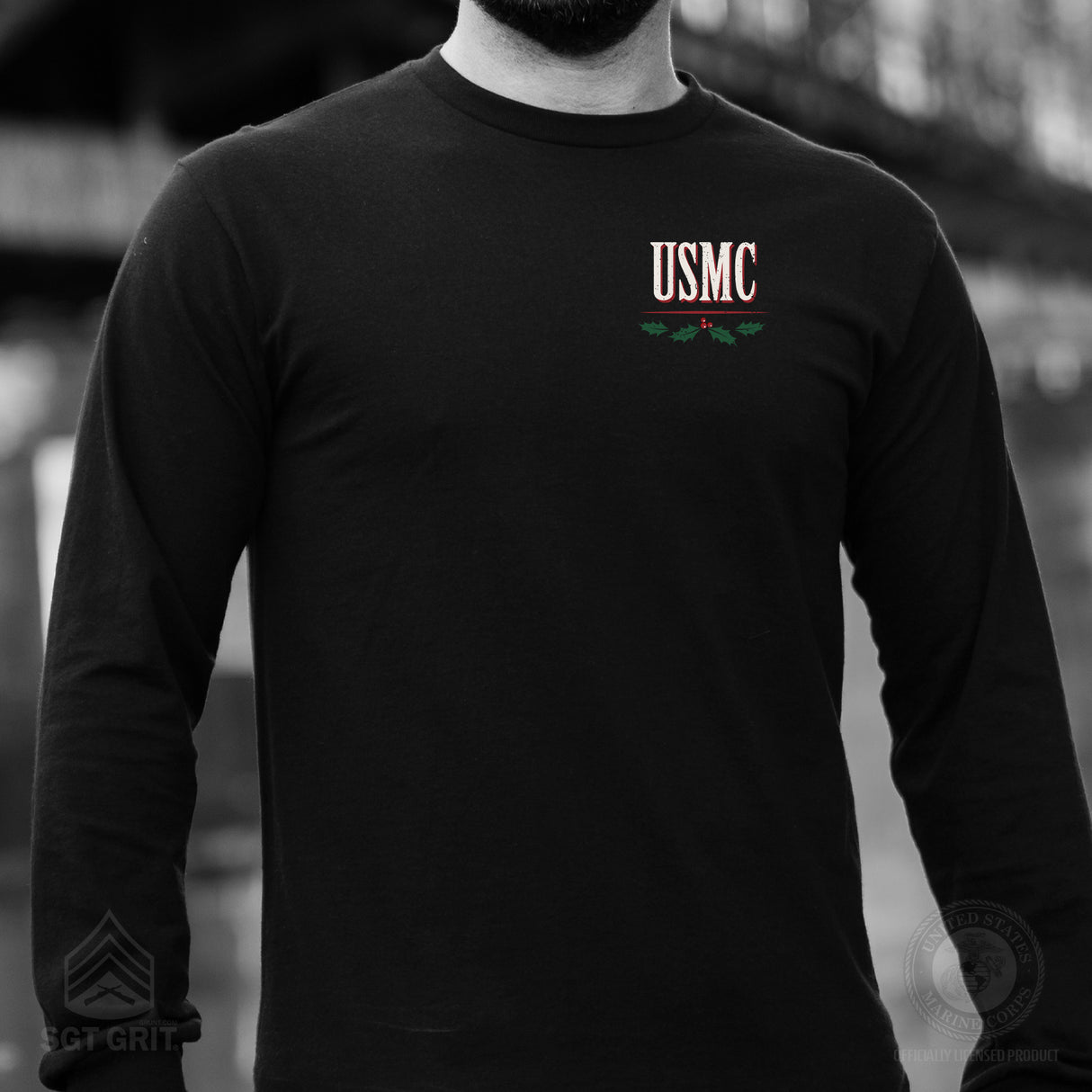 USMC Tun Tavern Christmas Long Sleeve T-Shirt Back Design- Black - SGT GRIT