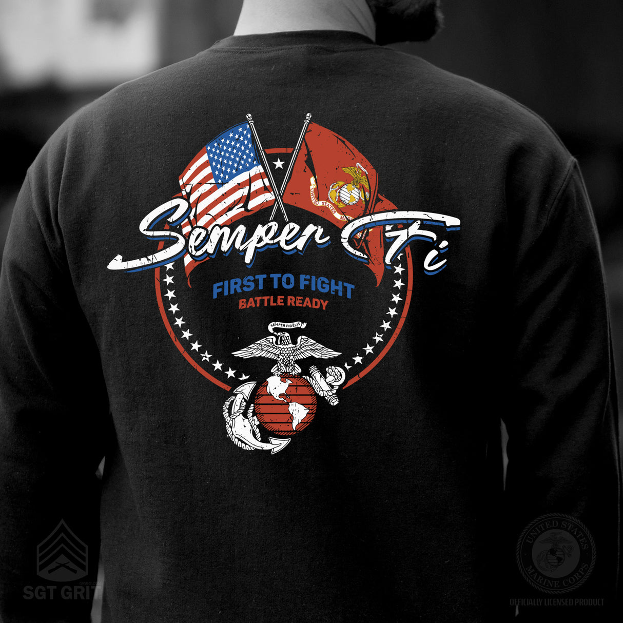Semper Fi Crossed Flags Sweatshirt- Back Design - SGT GRIT