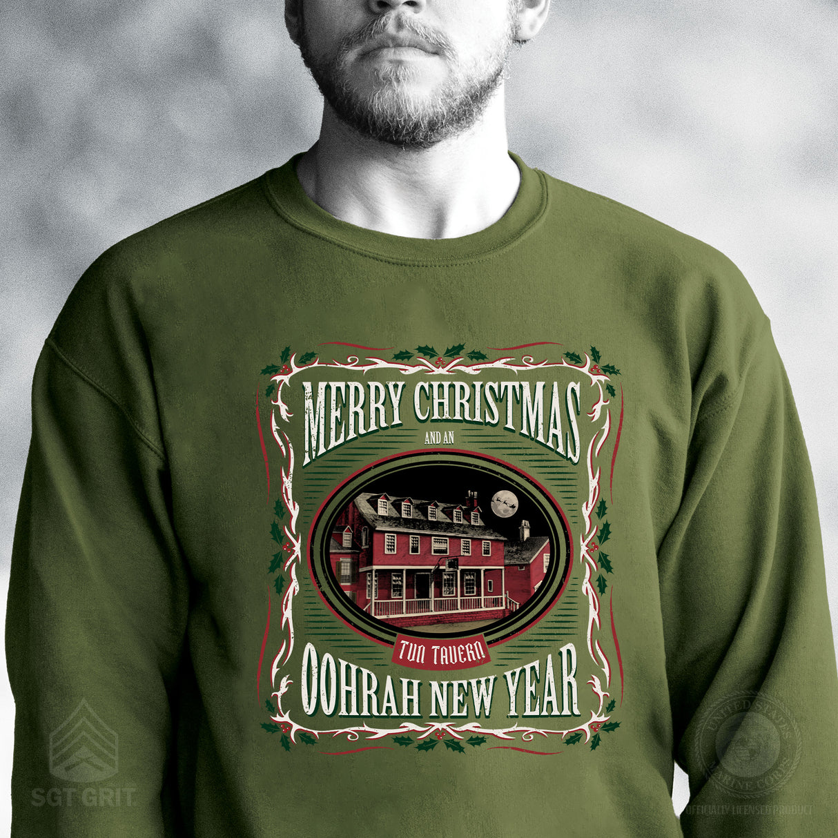 USMC Tun Tavern Christmas Sweatshirt- OD Green - SGT GRIT