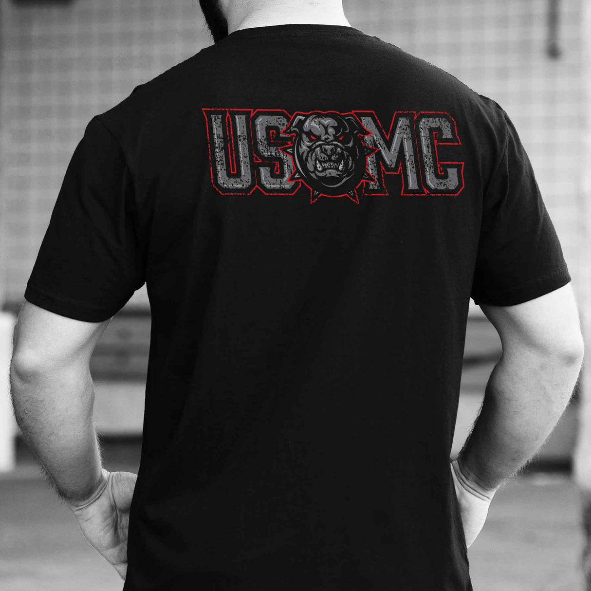 USMC Devil Dog Back With Front Pocket T-shirt, Gray EGA - SGT GRIT