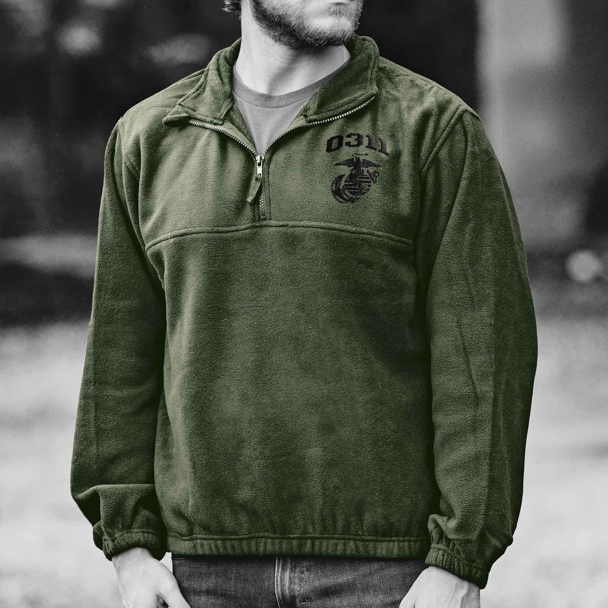 Marine Corps MOS Embroidered Fleece Quarter Zip - Green with Black - SGT GRIT