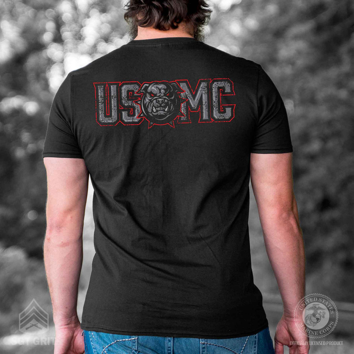USMC Devil Dog Back With Left Chest T-shirt, Gray EGA - SGT GRIT