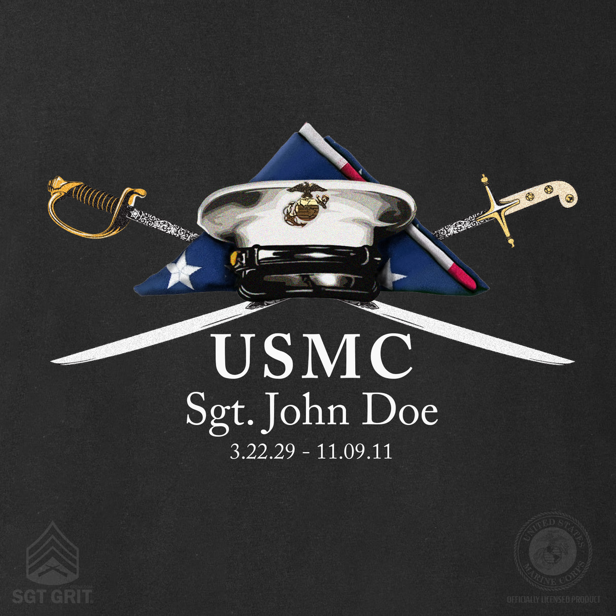 USMC Personalized Folded Flag Memorial T-shirt- Back Design - SGT GRIT
