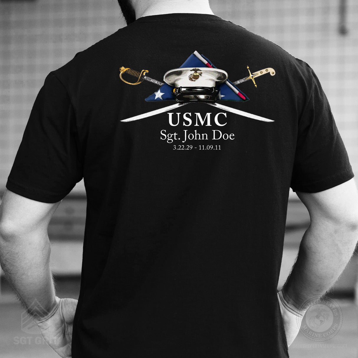 USMC Personalized Folded Flag Memorial T-shirt- Back Design - SGT GRIT