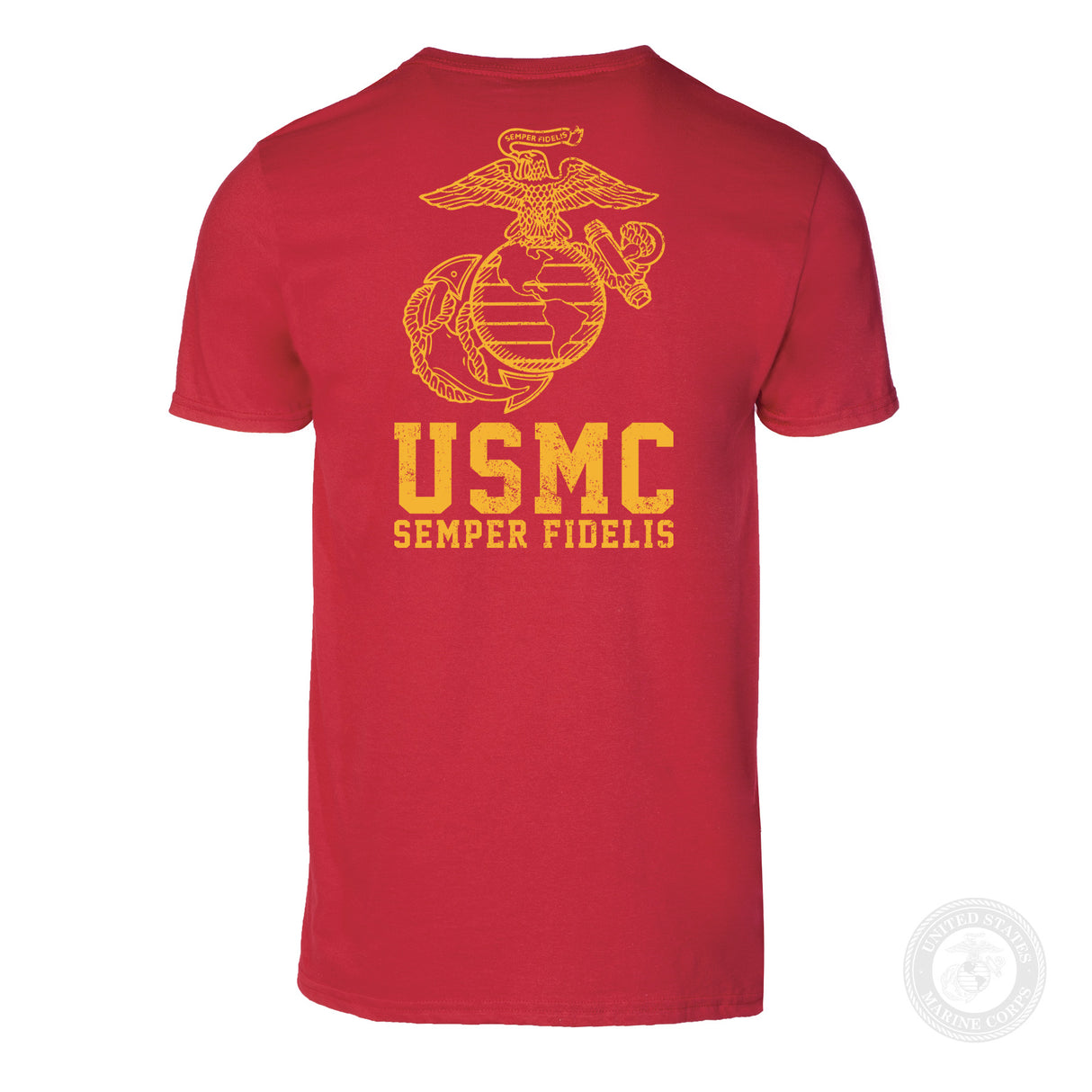 USMC Semper Fidelis T-shirt Gold on Red- Back Design - SGT GRIT