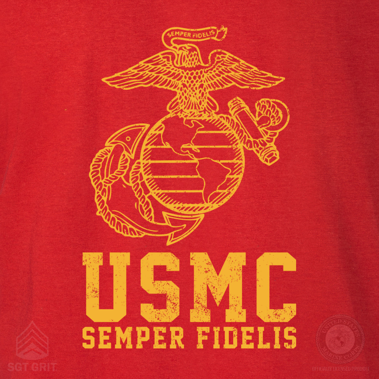 USMC Semper Fidelis T-shirt Gold on Red- Back Design - SGT GRIT