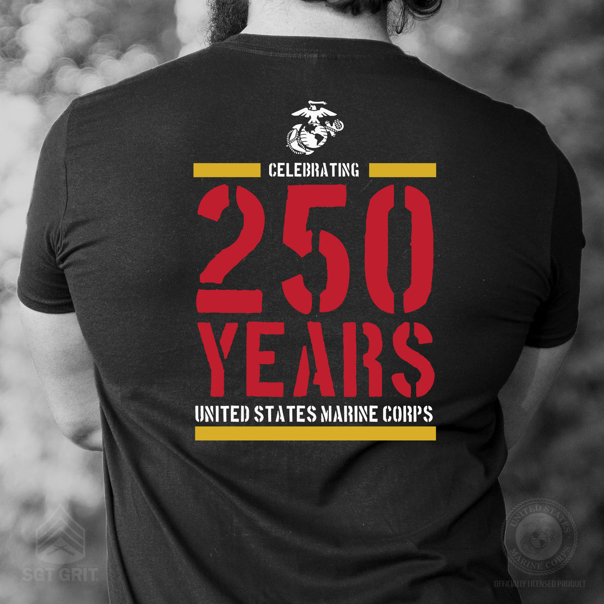 USMC Celebrating 250 Years Black T-Shirt- Back Design - SGT GRIT