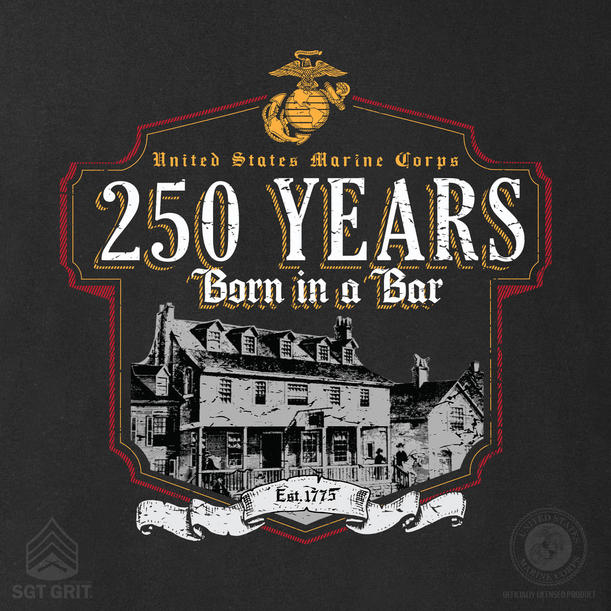 USMC Born in a Bar 250 Years T-Shirt- Back Design - SGT GRIT