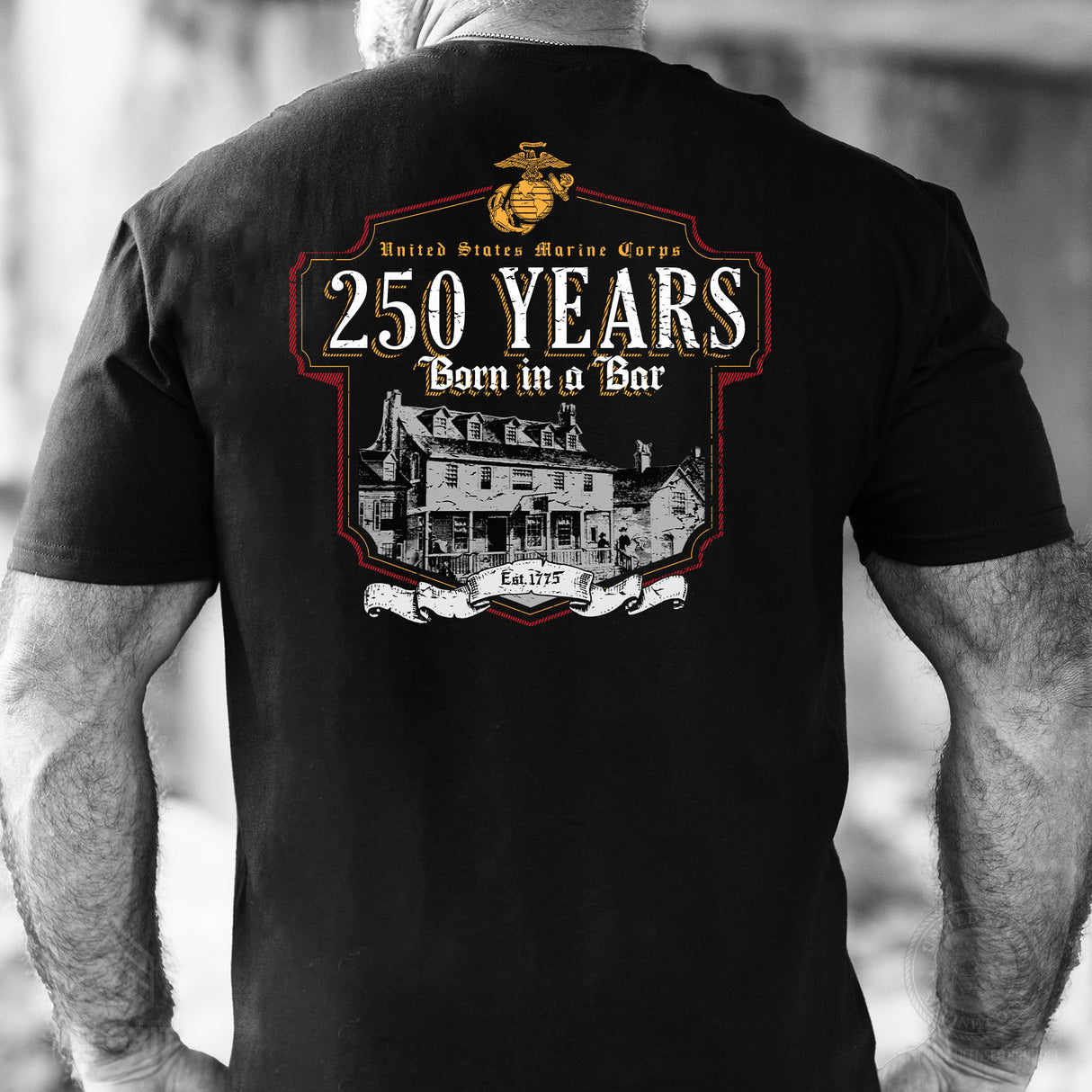 USMC Born in a Bar 250 Years T-Shirt- Back Design - SGT GRIT