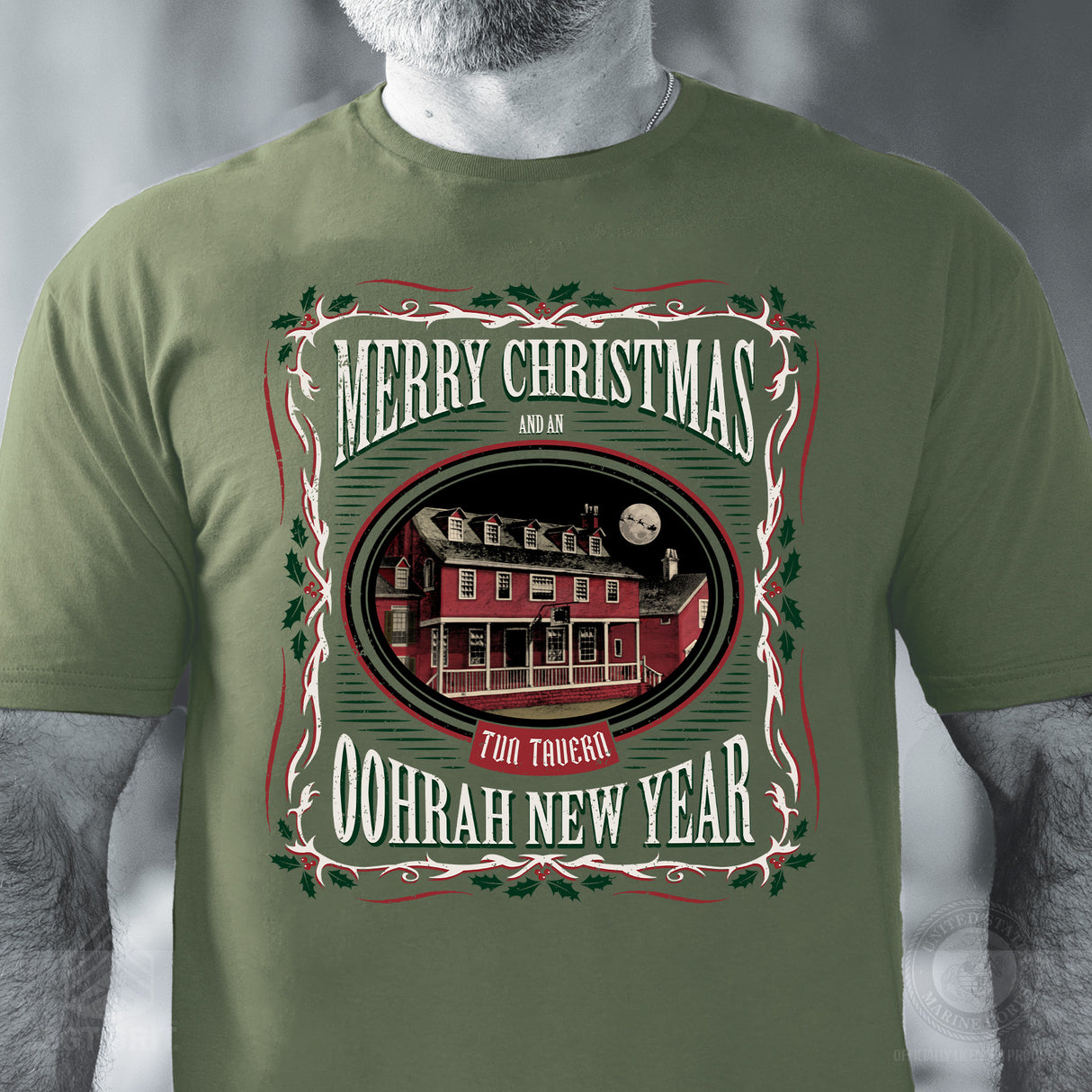 USMC Tun Tavern Christmas T-Shirt- OD Green - SGT GRIT