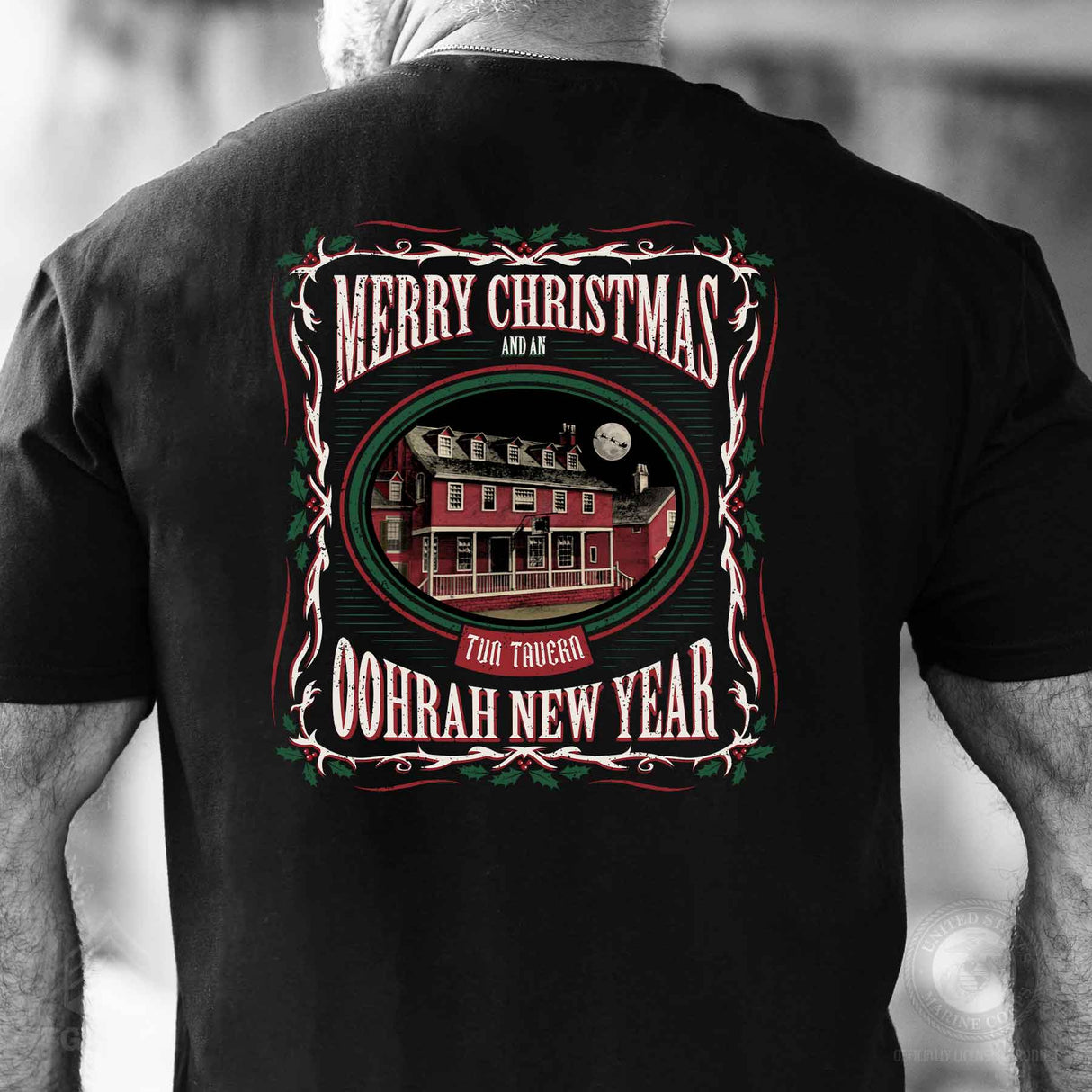 USMC Tun Tavern Christmas T-Shirt Back Design- Black - SGT GRIT