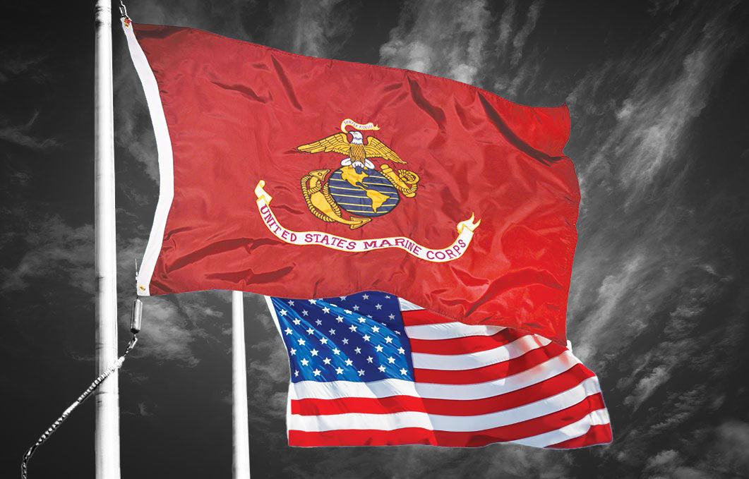 Outdoor Red flag with USMC and EGA emblem and a standard US Flag