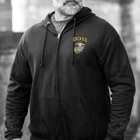 USMC Personalized MOS Embroidered Full Zip Hoodie - Black and Gold - SGT GRIT