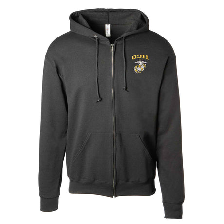 USMC Personalized MOS Embroidered Full Zip Hoodie - Black and Gold - SGT GRIT