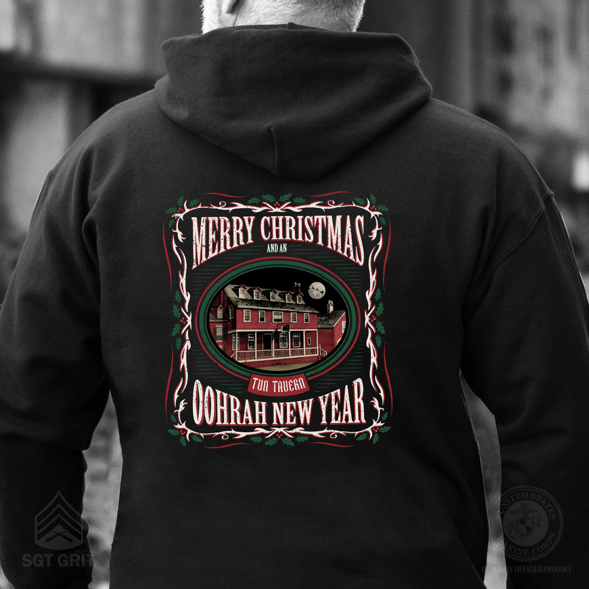 USMC Tun Tavern Christmas Hoodie Back Design- Black - SGT GRIT