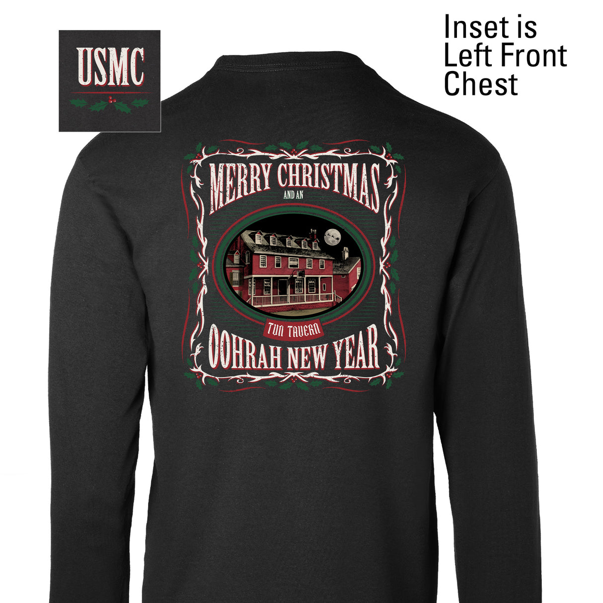 USMC Tun Tavern Christmas Long Sleeve T-Shirt Back Design- Black - SGT GRIT