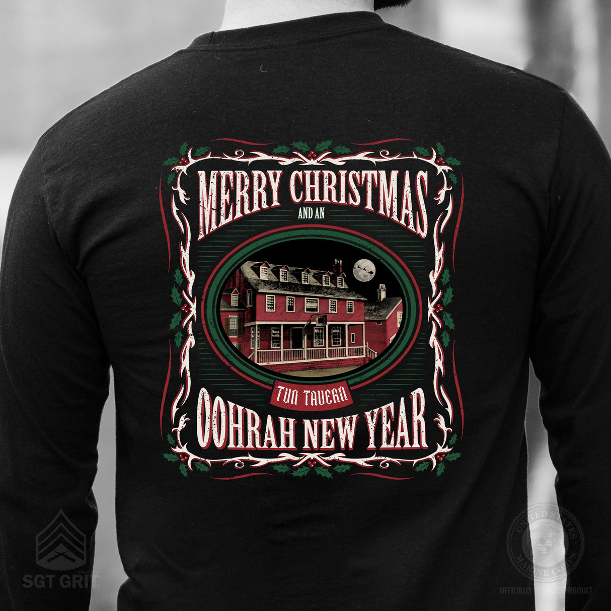 USMC Tun Tavern Christmas Long Sleeve T-Shirt Back Design- Black - SGT GRIT