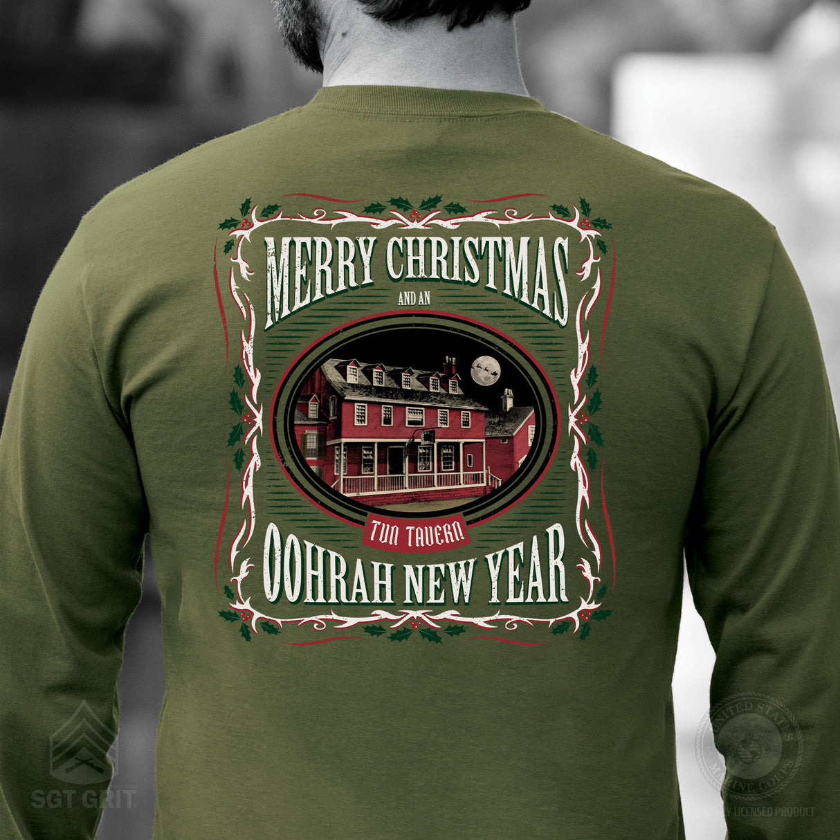 USMC Tun Tavern Christmas Long Sleeve T-Shirt Back Design- OD Green (Copy) - SGT GRIT