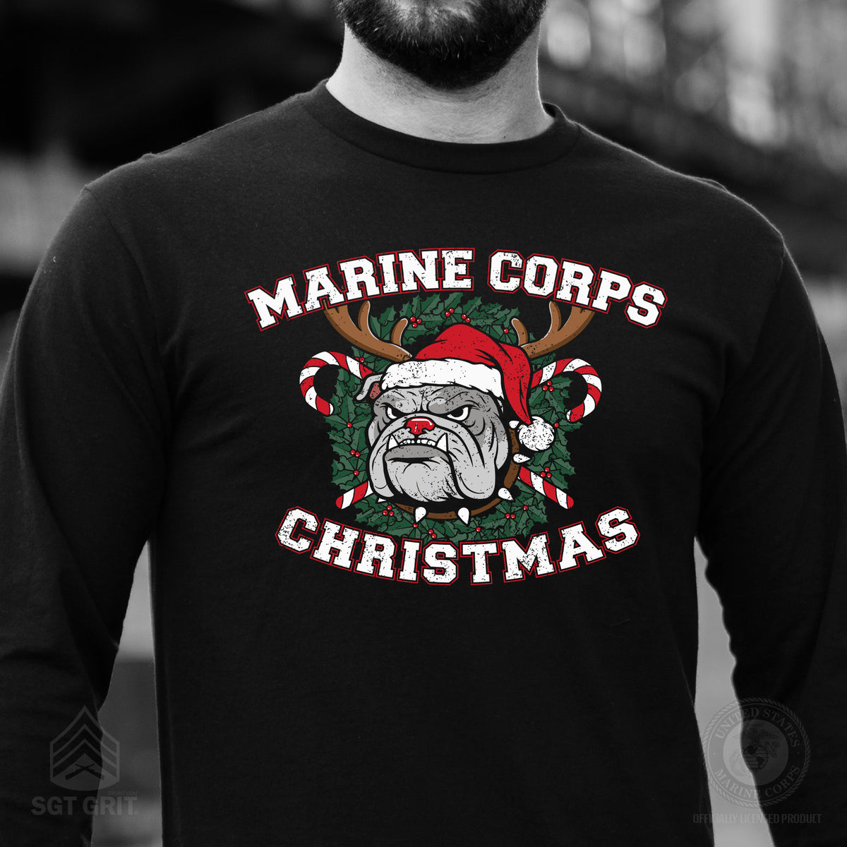 USMC Christmas Bulldog Long Sleeve T-Shirt - SGT GRIT