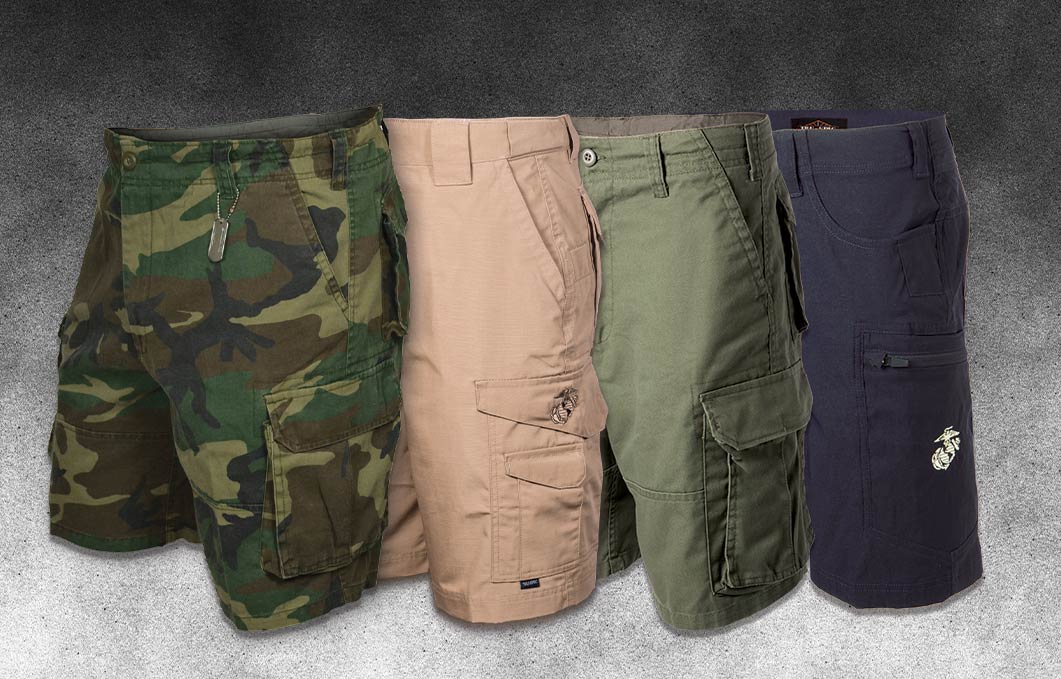 Camo, khaki, OD Green, and black utility shorts with USMC and EGA logos