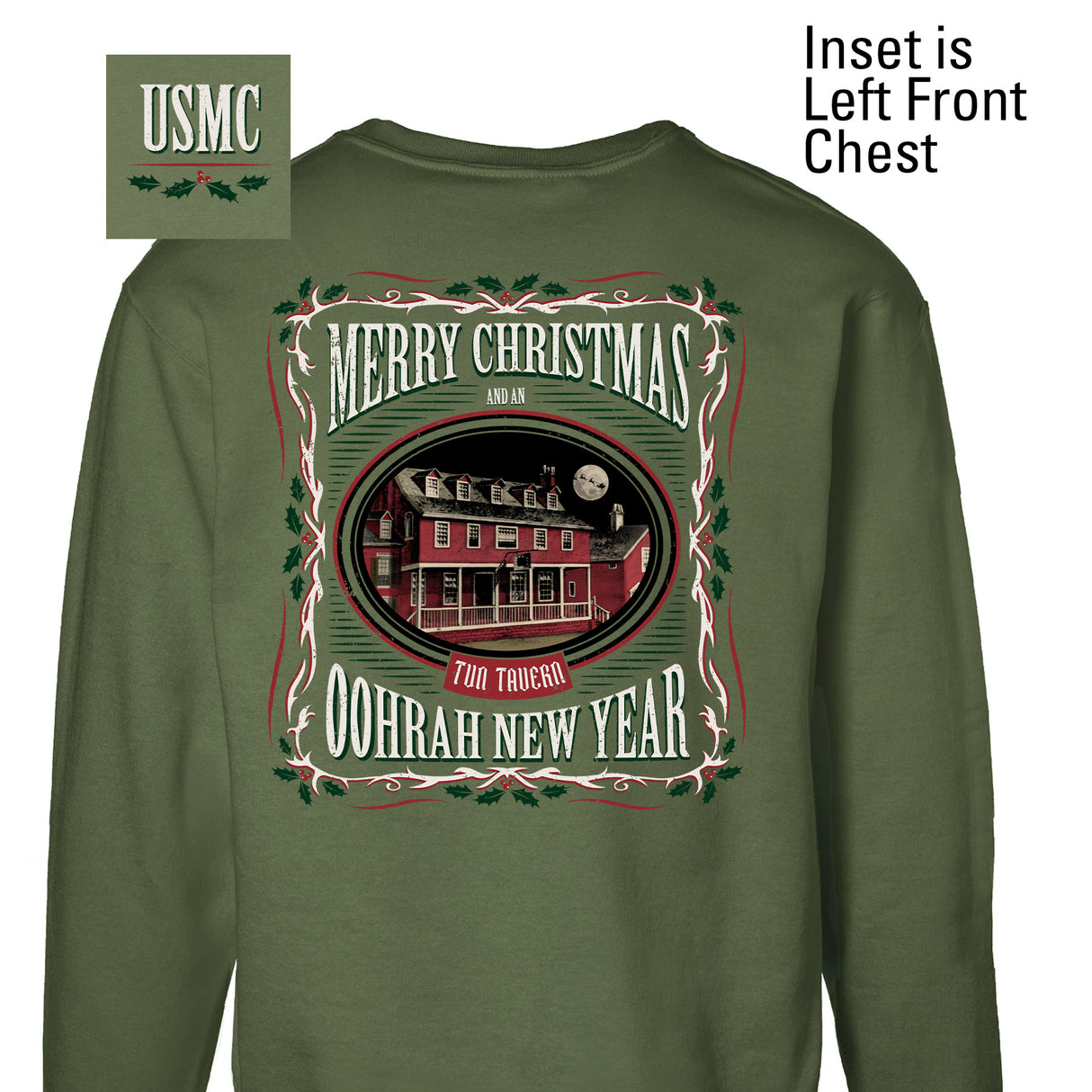 USMC Tun Tavern Christmas Sweatshirt Back Design- OD Green - SGT GRIT