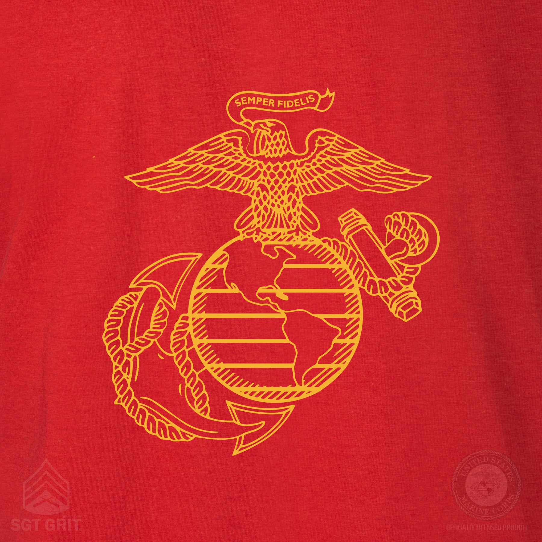 USMC Semper Fidelis T-Shirt – Gold on Red | EGA Back Design – SGT GRIT