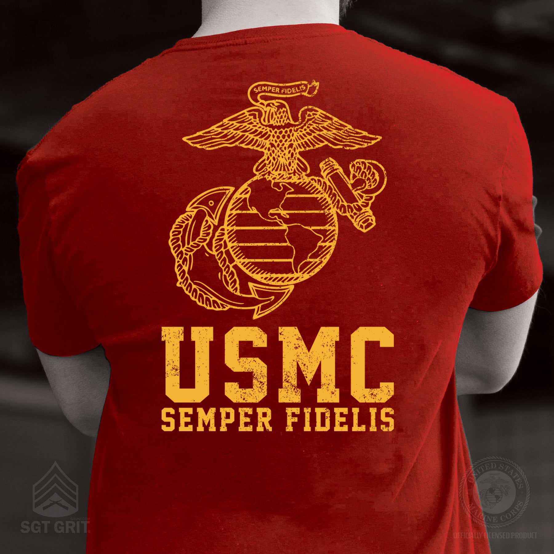 USMC Semper Fidelis T-Shirt – Gold on Red | EGA Back Design – SGT GRIT