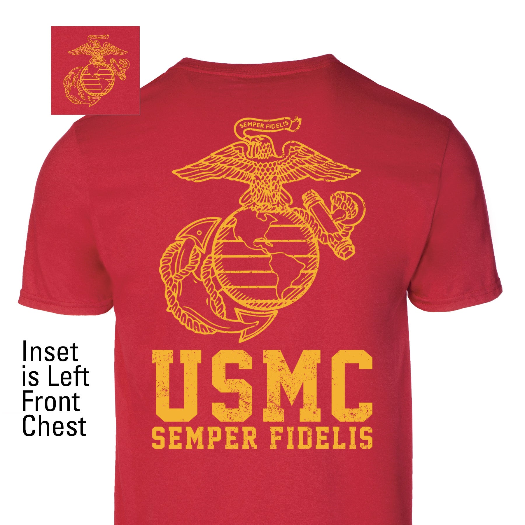 USMC Semper Fidelis T-Shirt – Gold on Red | EGA Back Design – SGT GRIT