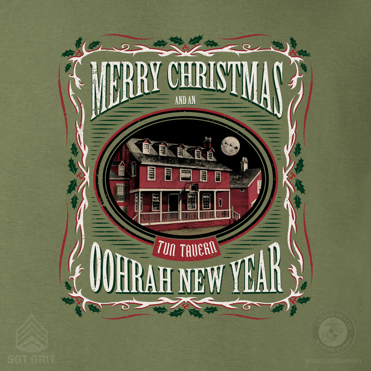 USMC Tun Tavern Christmas T-Shirt- OD Green - SGT GRIT