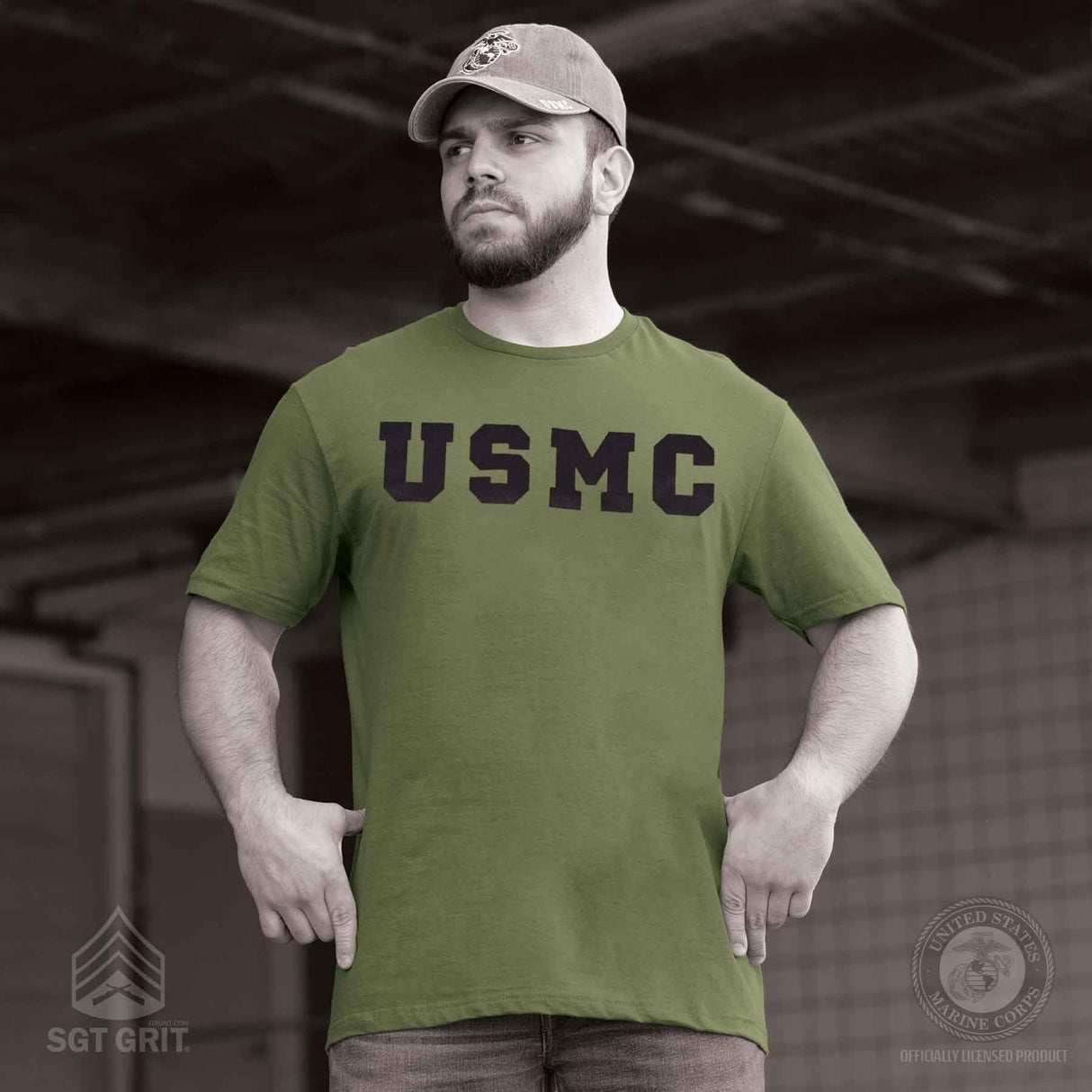 USMC Bold Black Letters on OD Green T-shirt - SGT GRIT