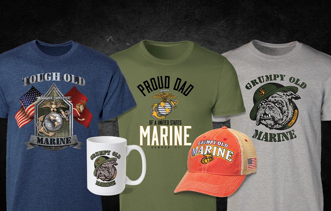 Group image of t-shirts, coffee mug, and cap featuring marine corp art