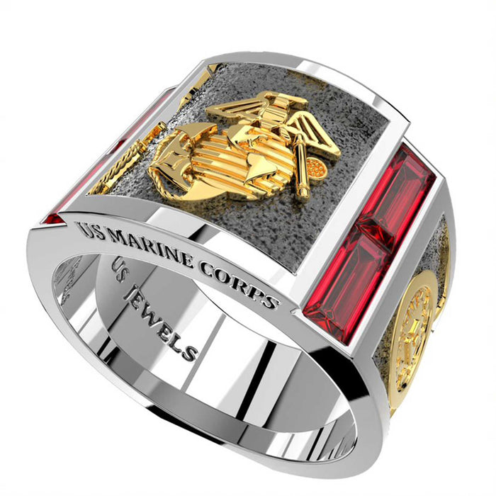 USMC Sterling Silver and 14K Gold Ring With EGA and Synthetic Rubies - SGT GRIT