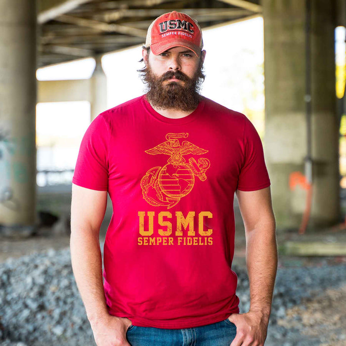 USMC Semper Fidelis T-shirt Gold on Red